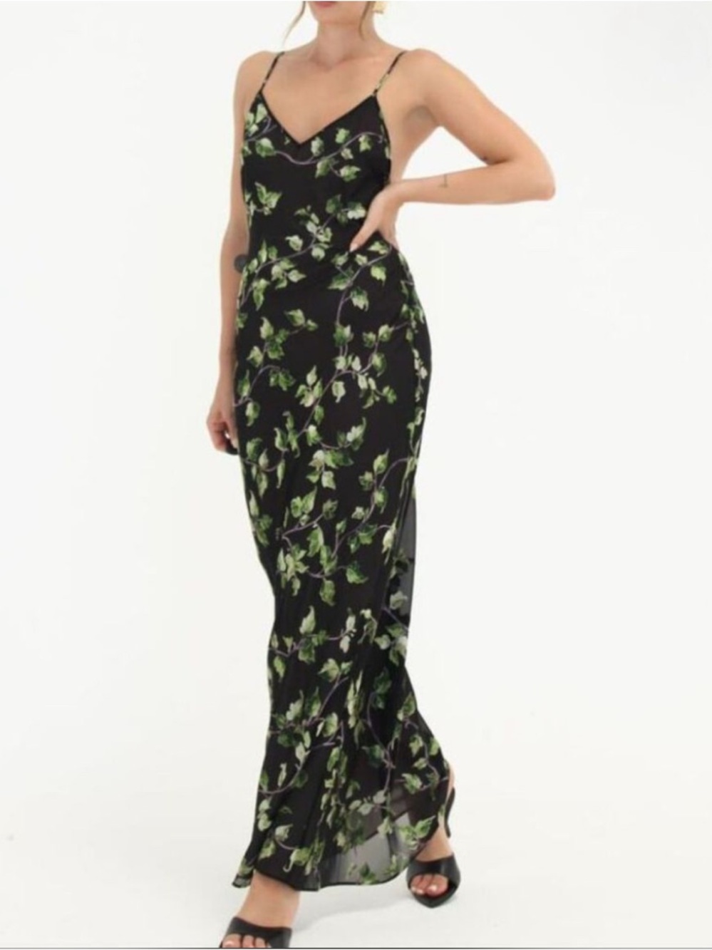 Rumored Black Maxi Slip Dress with Green Leaf Print